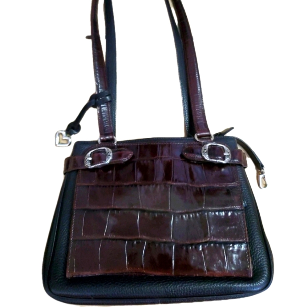 Brighton 90s Vintage Brown Croc-Embossed/Black Leather Women's Handbag